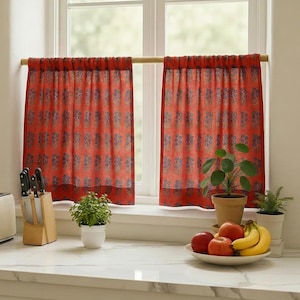 Rust Red Floral Block Print Short Curtain, Terracotta Cotton Drapes with Blue Flower Motif, Bohemian  Short Window Panel, Home Short Curtain