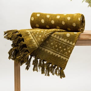Olive Green Cotton Throw Blanket, Indian Farmhouse Decor Sofa Throw, Block Print Polkas Dot Soft Boho Bedspread, Handmade Housewarming Gift