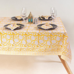 Rustic Yellow Floral Block Printed Indian Cotton Table Cloth, Farmhouse Party  and Kitchen Dining Table Cover, Boho Rectangular Cover