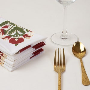 Block Printed Red Floral Cotton Napkins, Farmhouse Decor Wedding Dinner Table Napkin Cloth, Boho Style Cocktail Party Napkin, Gift for Her