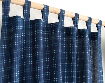 Rideaux en coton à carreaux bleu indigo, rideau indien fait main avec décoration de ferme bio, couvre-fenêtres faits main, rideaux