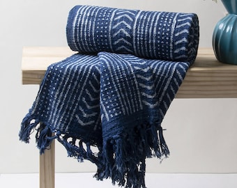 Indigo Blue Block Print Striped Cotton Throw Blanket, Decorative Handmade Sofa and Couch Throw, Modern Boho Blanket, Winter Warm Bedspread