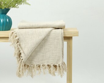 Solid Cream Mud Cloth Throw Blanket, Home Decor Couch Cotton Throw, Handloom Sofa Cover, Hand Woven Reversible Warm Bedspread