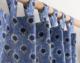 Panneaux de rideaux en coton à imprimé bloc bleu, panneau transparent à imprimé bloc Boho, Inde, rideaux pour le salon et la chambre à coucher, décoration de maison et de salon