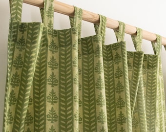 voilages bohèmes verts en coton imprimé blocs de main fleuris | Rideaux de café botaniques, décoration de chambre de bébé, habillage de fenêtre, style campagnard