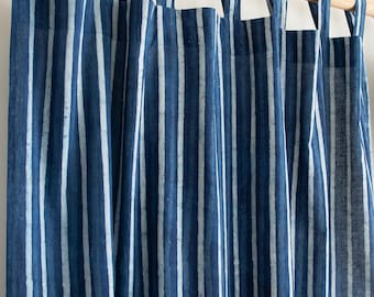 Rideaux en coton imprimé rayures bleu indigo, rideau indien fait main avec décoration de ferme bio, couvre-fenêtres faits main, rideaux