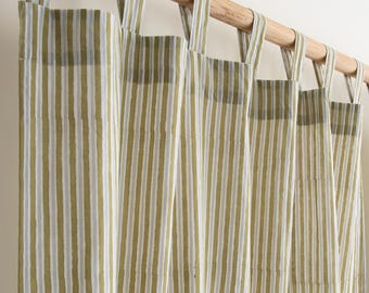 Voilages en coton imprimé bloc main, rayures vert olive, filtrage de la lumière