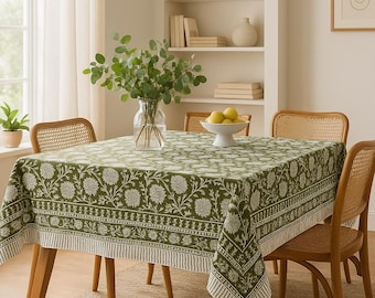 Turquoise Green Hand Block Print Tablecloth Cotton | Boho Floral Block Print Table Cloth | Dining Table Cover for Kitchen, Home Decor