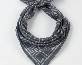 Block Print Headwrap Cotton Bandana, Grey Indian Soft Dabu Unisex Handmade Cotton Scarves Neckerchief, Dog Scarf, Sun Protection Bandana