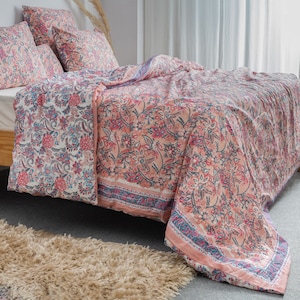 Hand Block Printed Cotton Duvet Cover, Beautiful Pink Floral Duvet Cover, Soft Cotton Dona Cover, Stylish Comforter Cover, Boho Duvet Cover