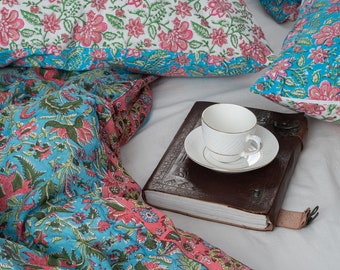 Vibrant Floral Cotton Duvet Cover, Hand-Block Printed Quilt, Quilted Cotton Comforter Cover, Extra Soft Duvet Cover, Cozy Boho Decor
