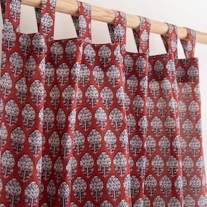 Indian Floral Printed Hand Block Curtains, Window Covering Drap Curtain Set, Organic Cotton Red  Home Decor Curtains, Cafe Curtains