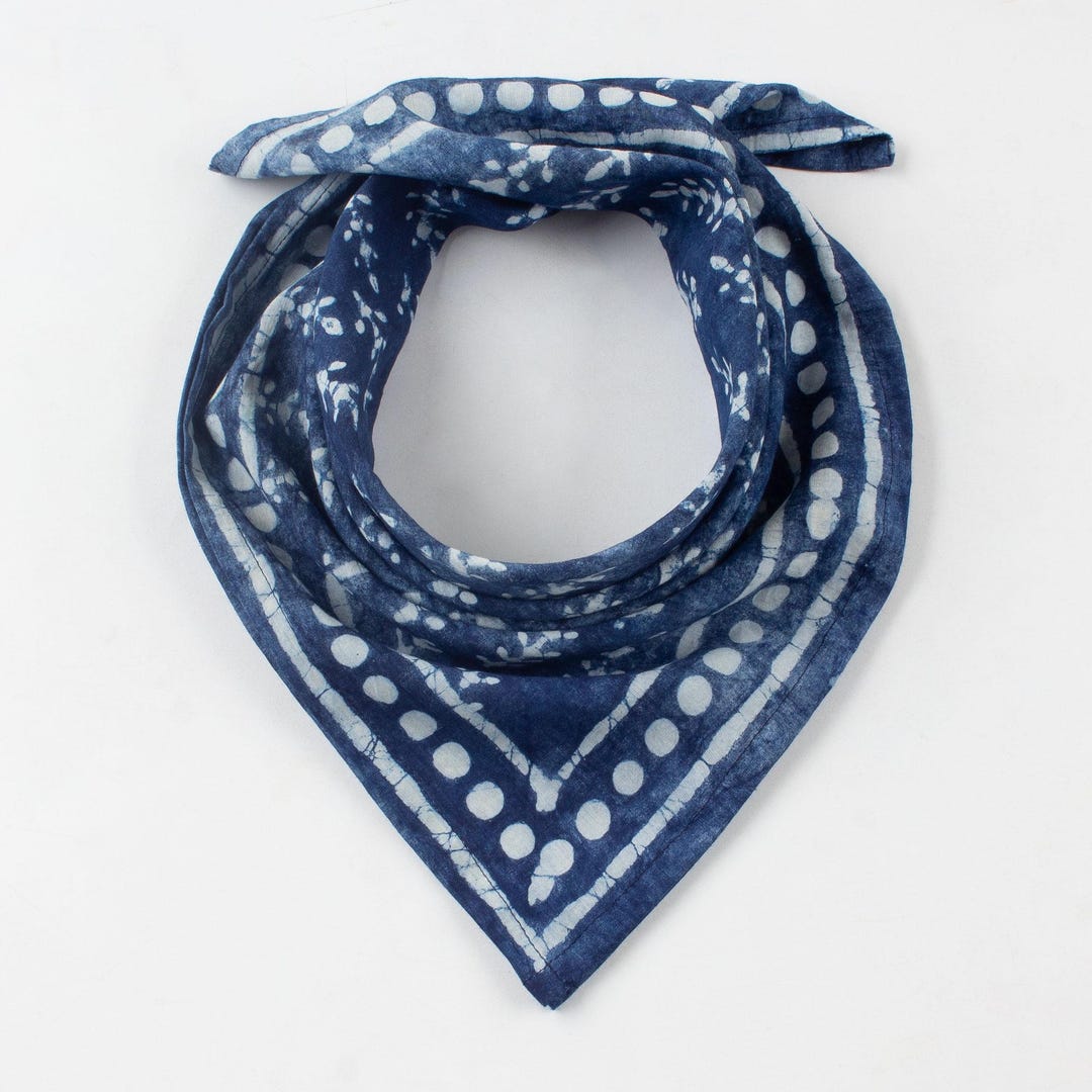 Indigo Blue Cotton Bandana Scarf, Handmade Soft Block Print Dabu Indian