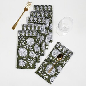 Moss Green Floral Table Decor Napkins, Indian Block Print Wedding Napkin, Organic Cotton Dinner Napkin, Soft Farmhouse Cocktail Party Napkin