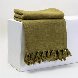 Olive Green Solid Cotton Blanket, Handloom Reversible Bedspread Blanket, Pure Organic Sofa Couch Throw, Farmhouse Decor Throw