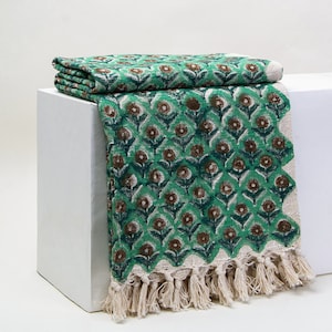 Block Printed Green Floral Cotton Throw Blanket, Tassel Throw Blanket, Floral Coverlet, Boho Warm Blanket, Mud Cloth Cotton Bedspread