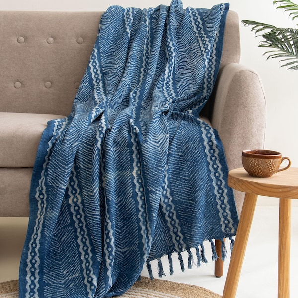 Handblock gedruckte Indigo Baumwolldecke, Boho Bauernhausdekor