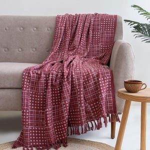 Block Printed Sofa Throw Blanket, Boho Warm Cotton Bedspread, Maroon Organic Cotton Mud Cloth Throw, Handmade Farmhouse Decor Throw