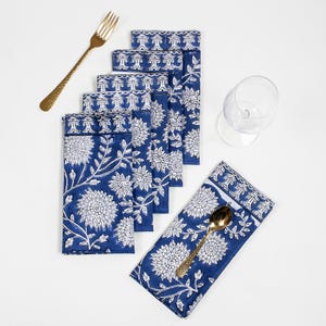 Blue Floral Block Printed Cotton Cocktail Napkin Cloth, Handmade Dinner Napkin, Kitchen and Dining Decor Table Napkin, Boho Wedding Napkin