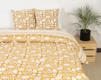 Mustard Cotton Duvet Cover Set, Block Print Cotton Bedding Sets, Comforter Cover With Pillow Cover, Extra Soft Duvet Cover, Cozy Boho Decor