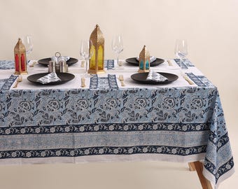Hand Block Print Cotton Tablecloth, Blue Floral Rectangle, Indian Design
