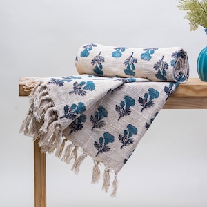 Green Floral Hand Block Print Cotton Throw Blanket, Bohemian Bedspread, Decorative Sofa Couch Throw, Farmhouse Decor Cotton Coverlet