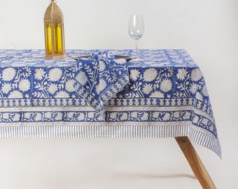 Blue Floral Indian Block Printed Table Cover, Handmade Rectangle Cotton Tablecloth, Farmhouse Wedding Event Boho Table Cover