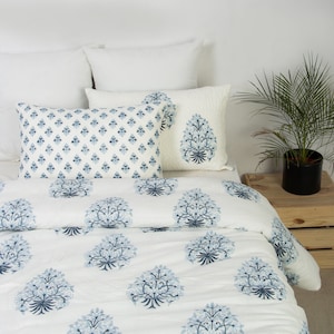 White Floral Cotton Duvet Cover, Hand-Block Printed Quilt Cover, Quilted Cotton Comforter Cover, Extra Soft Duvet Cover, Cozy Boho Decor