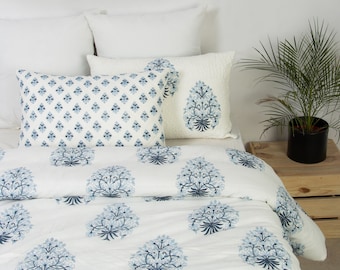 White Floral Cotton Duvet Cover, Hand-Block Printed Quilt Cover, Quilted Cotton Comforter Cover, Extra Soft Duvet Cover, Cozy Boho Decor
