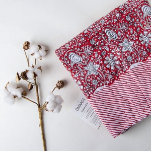 Red Floral Baby Quilt, Block Printed Cotton Quilts, Organic Baby Quilt, Reversible Baby Swaddle, Indian Kantha Baby Throw, Newborn Baby Gift