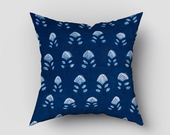 Indigo Blue Floral Pillow Cover, Hand Block Printed Cotton Cushion