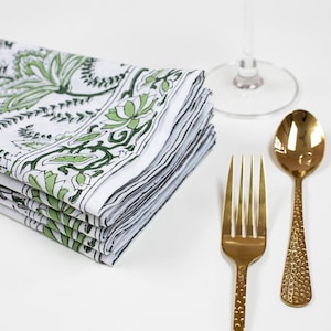 Indian Block Print Cotton Napkins, Green Floral Wedding Decor Dinner Napkin, Farmhouse Cocktail Party Table Napkin Cloth, Home Decor Gift