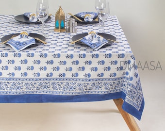 Elegante blaue und weiße Tischdecke, florale indische Handblockdruck-Tischdecke, Indoor Outdoor Party Tischdekoration, rechteckige Tischdecke