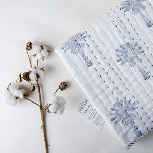 Reversible Baby Quilt, Handmade Kantha Bedding, Indian Block Print Baby Swaddle, Blue Palm Tree Baby Shower Gift, Quilt for Kids, Baby Throw