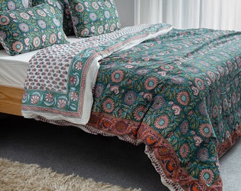 Vibrant Floral Cotton Duvet Cover, Hand-Block Printed Quilt, Quilted Cotton Comforter Cover, Extra Soft Duvet Cover, Cozy Boho Decor