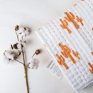 Cotton Baby Blanket, Orange Cactus Print Baby Quilt, Handmade Kantha Baby Bedding, Baby Swaddles, Indian Block Print Quilted Throw for Baby