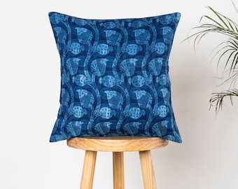 Designer Floral Indigo Blue Natural Cotton Pillow Cover, Blue Pillow Cover, Boho Cushion Cover, Block Printed Pillow, Floral Pillow Cover