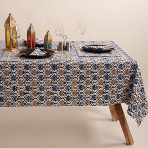 Block Printed Blue Floral Tablecloth, Wedding Party Indian Table Cover, Christmas Decor Cotton Table Cloth, Farmhouse Dining Table Cover
