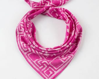 Pink Floral Neck Scarf Cotton Bandana, Dabu Print Bohemian Style Headwrap, Indian Hand Block Print Unisex Accessories, Bandana for Women's