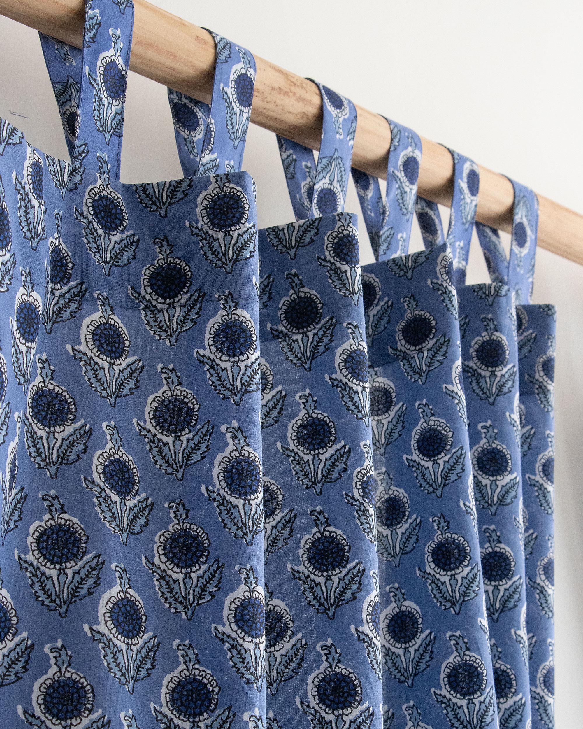 Blue Block Print Cotton Curtain Panels, Bohemian India Block Print