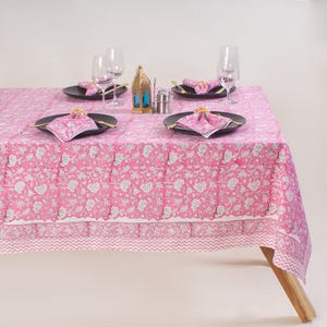 Indian Pink Floral Cotton Table Cloth, Decorative Rectangle Dining Table Cover, Block Print Tablecloth, Farmhouse Wedding Party Tableware