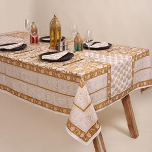 Mustard Yellow Floral Block Printed Cotton Table Cover for Farmhouse Wedding, Handmade Dining Decor Rectangle Indian Border Tablecloth