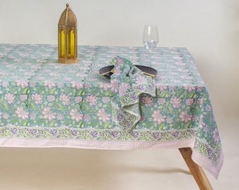 Cotton Indian Hand-Block Printed Tablecloth for Wedding Farmhouse Buffet Housewarming Boho Home Decor Green Floral Table Cover