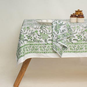 Sage Green Block Printed Cotton Tablecloth, Dining Table Cover, Decorative Indian Dinner Tablecloth, Green Floral Table Cover, Home Decor