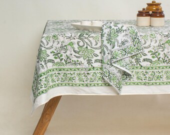 Sage Green Block Printed Cotton Tablecloth, Dining Table Cover, Decorative Indian Dinner Tablecloth, Green Floral Table Cover, Home Decor