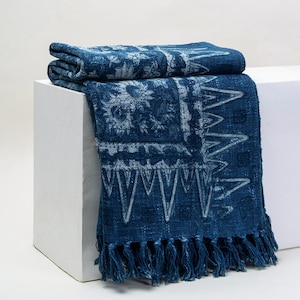 Indigo Blue Floral Hand Block Cotton Throw Blanket, Bohemian Sofa Couches Throw, Farmhouse Decor Warm Blanket, Cotton Mud Cloth