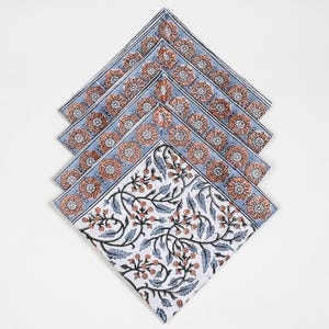 Block Printed Cotton Dinner Napkin Cloth, Blue Floral Cocktail Party Napkin, Boho Easter Decor Border Napkin, Farmhouse Wedding Napkins