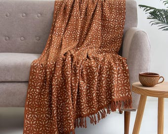 Rust Brown Cotton Throw Blanket, Handloom Diamond Pattern, Boho Decor