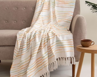 White Hand Woven Cotton Throw Blanket, Natural Handmade Soft Cotton Throw Blanket, Home Decor Sofa Coverlet, Sofa Throw for Living Room
