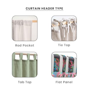 May include: Image showing four different curtain header types: Rod Pocket, Tie Top, Tab Top, and Flat Panel. Each type is displayed in a square frame, with the name of the header type written below each image. The text "CURTAIN HEADER TYPE" is at the top.